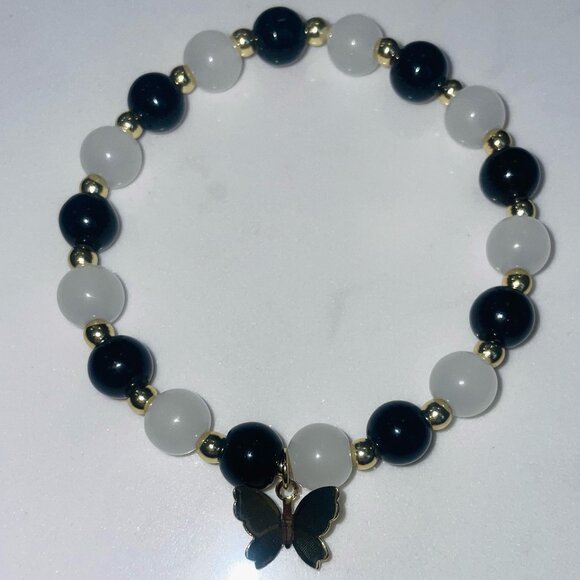 Handmade Glass Beaded Bracelet with 18k Gold Filled Beads and Butterfly Charm - Picture 1 of 1